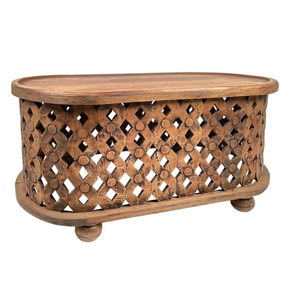 36 Inch Handcrafted Oval Coffee Table, Intricate Cutout Design, Antique Brown