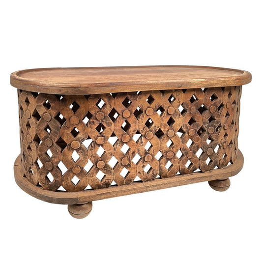 36 Inch Handcrafted Oval Coffee Table, Intricate Cutout Design, Antique Brown