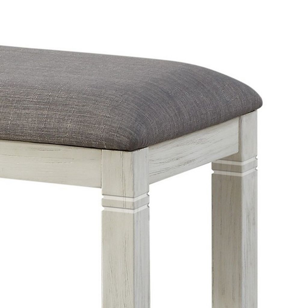 Fabric Upholstered Padded Bench with Tapered Feet, Antique White and Gray - View 4