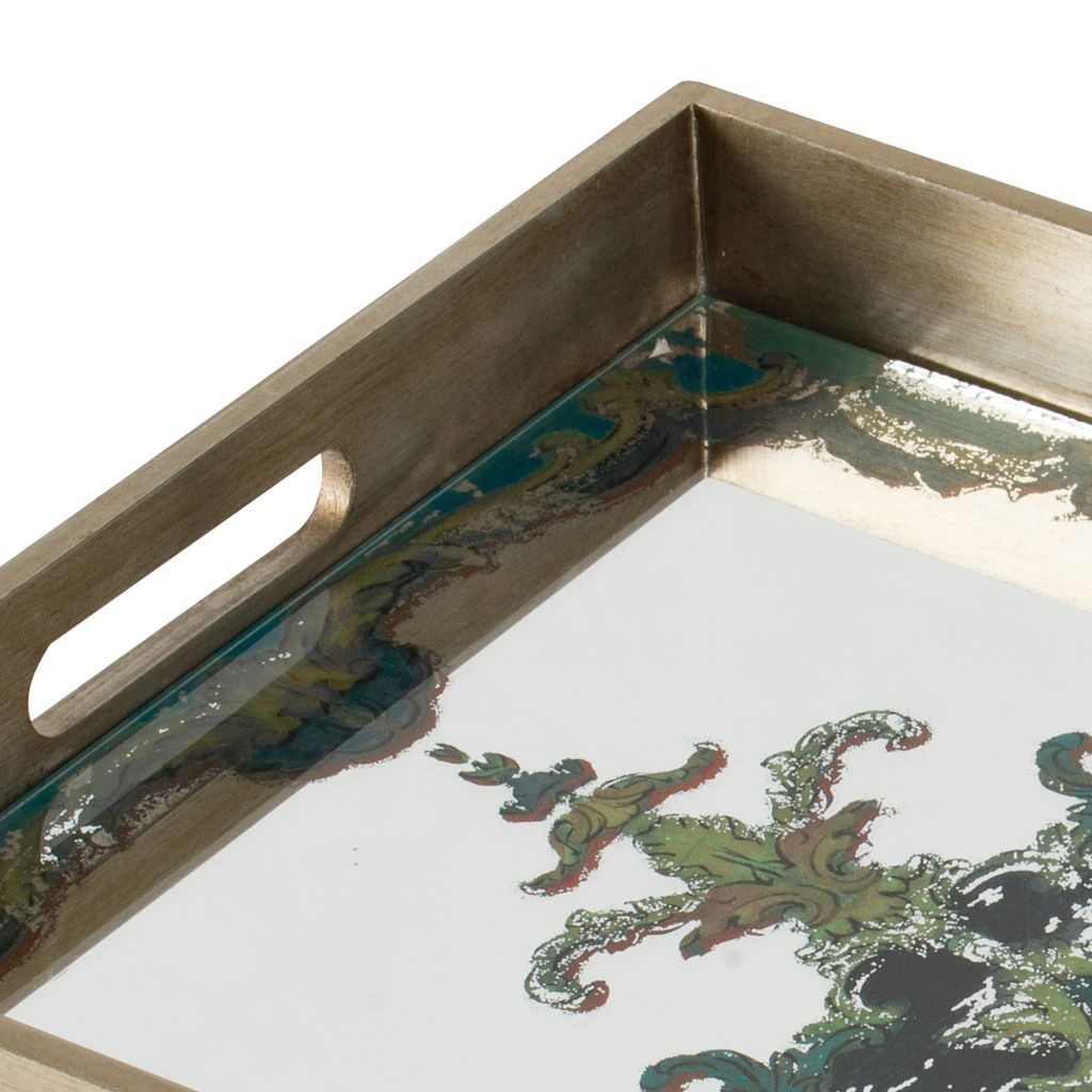 Miki 18 Inch Decorative Tray, Artistic Mirrored Damask Pattern, Gold Finish - View 3