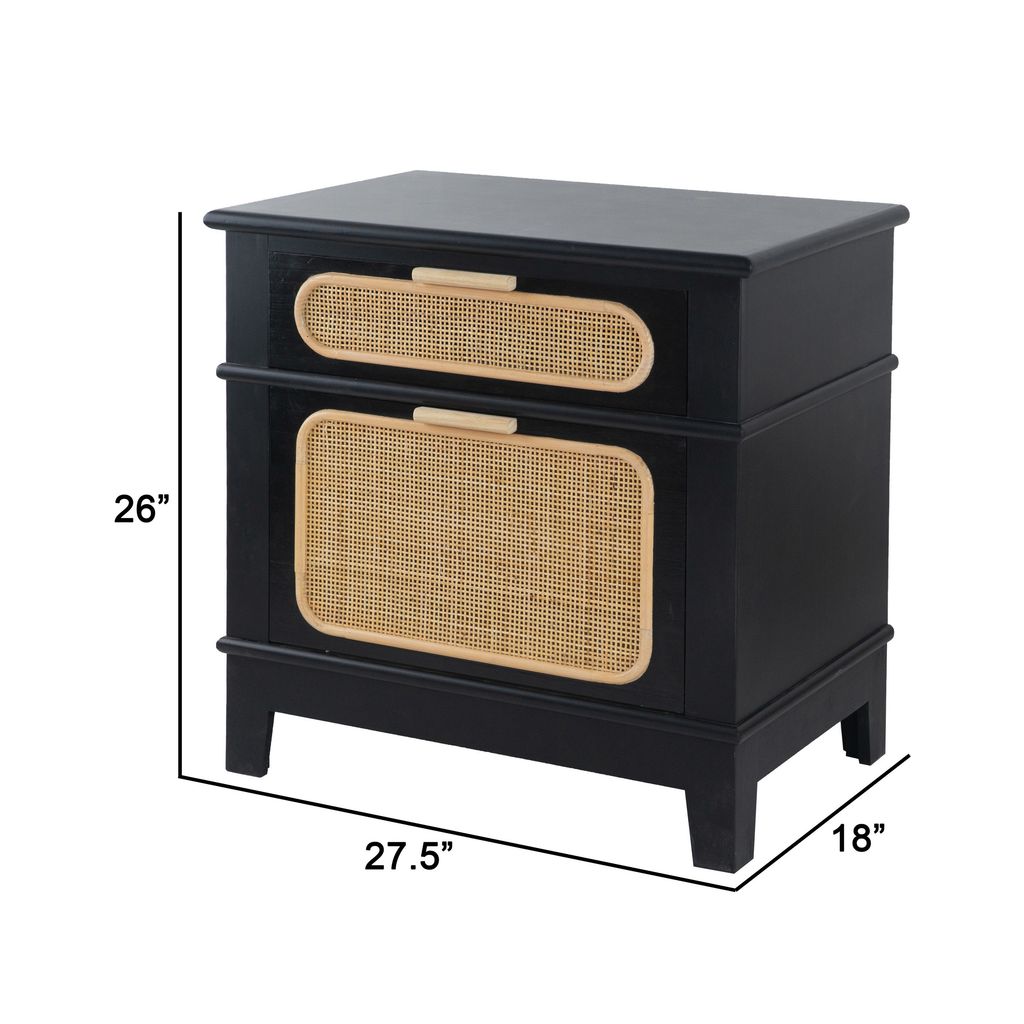 Dana 27 Inch Bedside Table, 2 Rattan Drawers, Pine Wood, Black, Brown - View 5