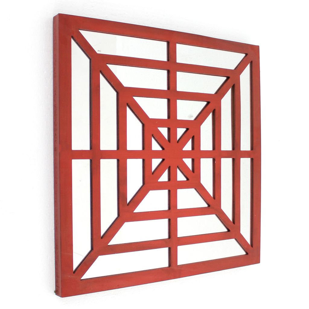 Wooden Wall Decor Set of 2 with Concentric Square Design on Top, Red and Silver