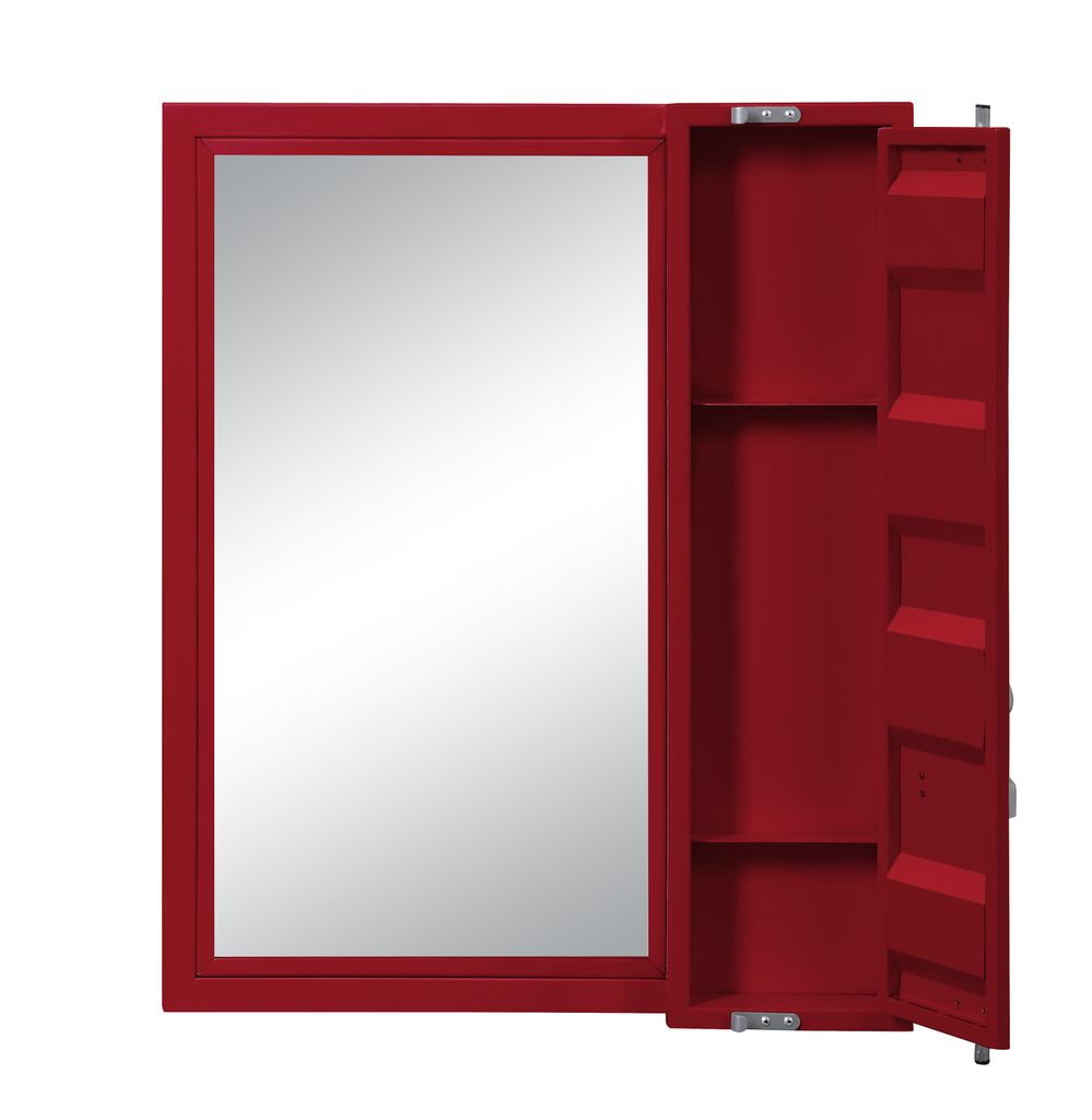 Industrial Style Metal Vanity Mirror with Recessed Door Storage, Red - View 2