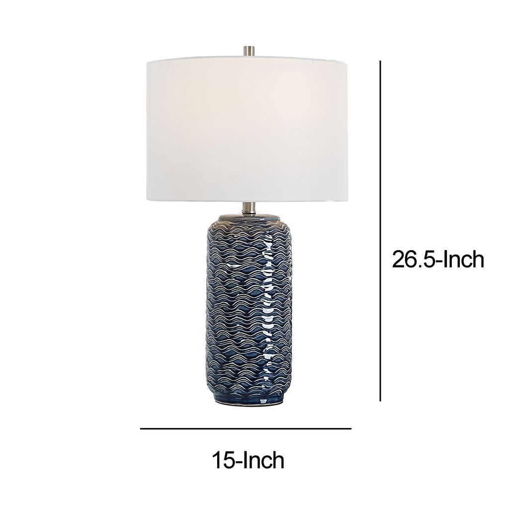 27 Inch Ceramic Table Lamp, Wavy Texture, Blue, Silver, White - View 5