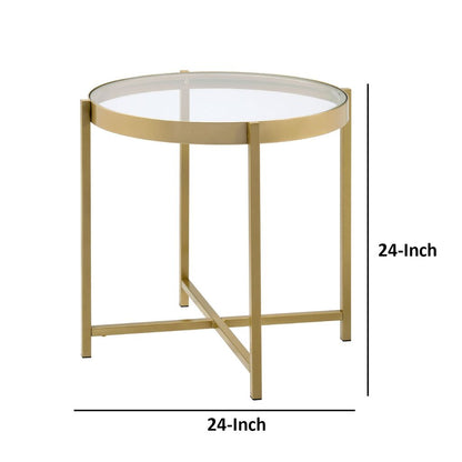 End Table with Round Glass Top and Metal Frame, Gold - View 6