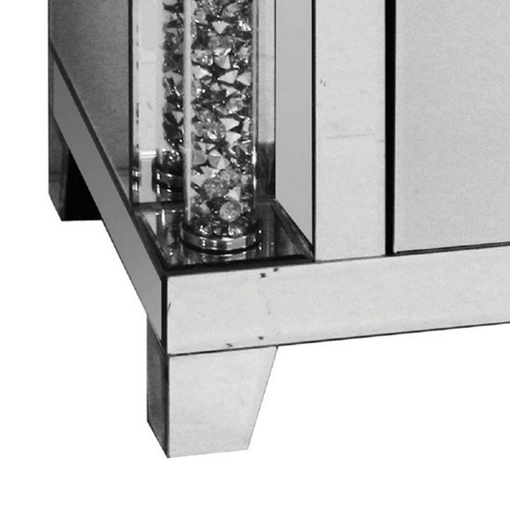 Noe 26 Inch 3 Drawer Accent Table Nightstand, Mirrored, Faux Diamond Inlay, Silver - View 3