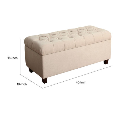 Fabric Upholstered Button Tufted Wooden Bench With Hinged Storage, Cream and Brown - View 6