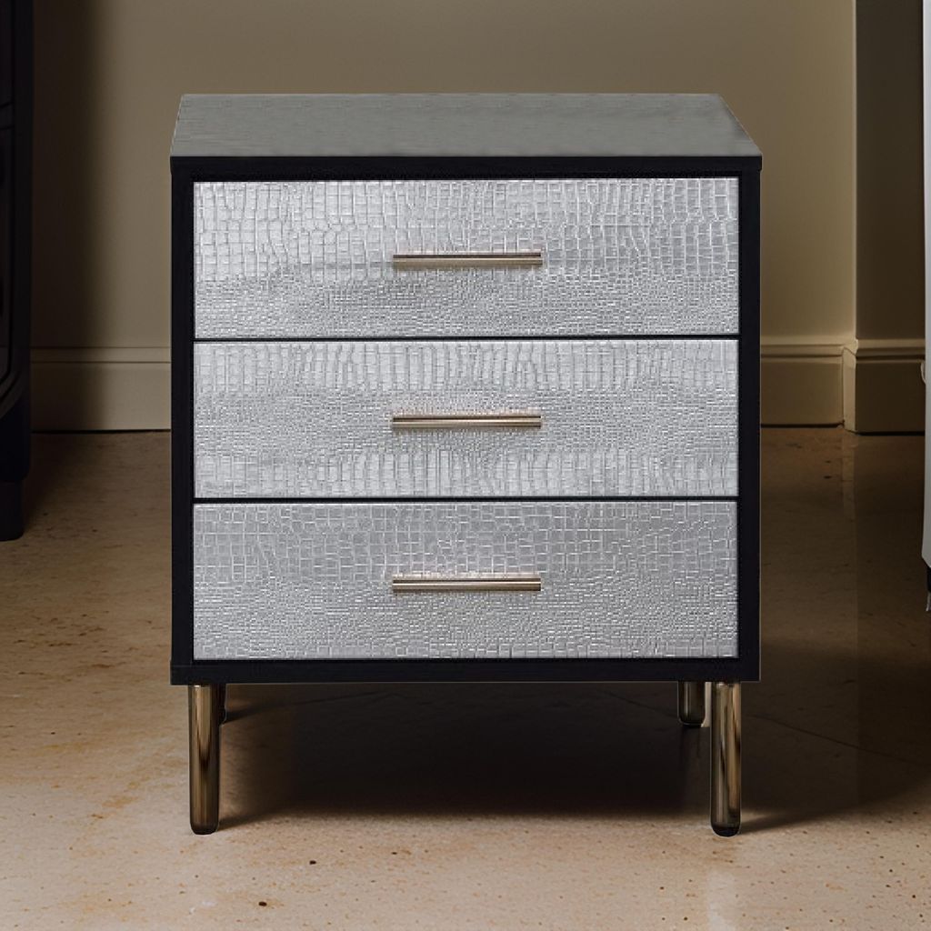San 19 Inch Glamorous Style Nightstand, 3 Drawers, Black, Silver, Gold - View 7