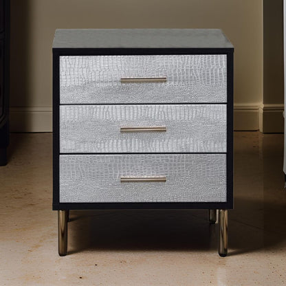 San 19 Inch Glamorous Style Nightstand, 3 Drawers, Black, Silver, Gold - View 7