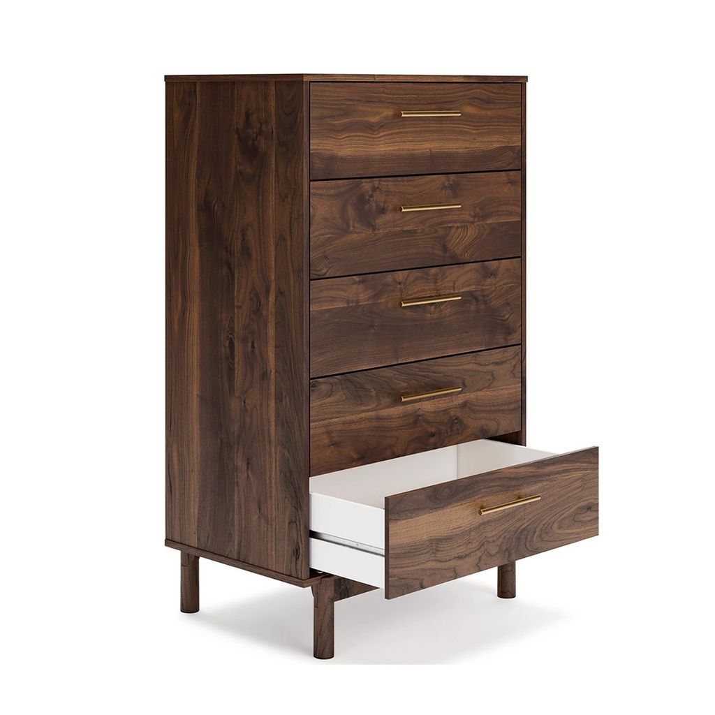 Kip 50 Inch 5 Drawer Modern Tall Dresser Chest, Dark Brown, Gold Handles - View 3
