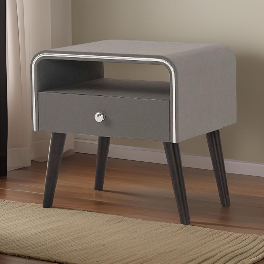 Curved Edge 1 Drawer Nightstand with Chrome Trim, Gray and Brown - View 7