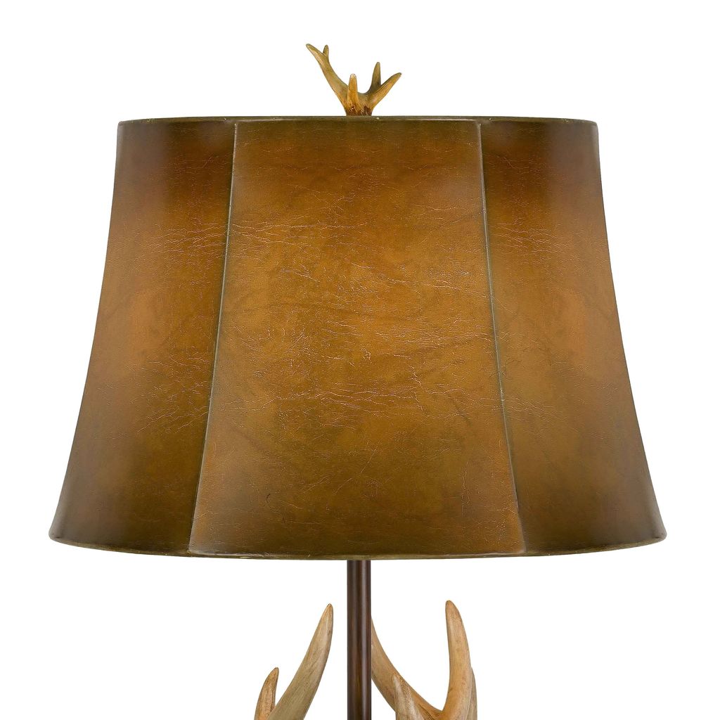 150 Watt Leatherette Shade Table Lamp with Antler Polyresin Base, Brown - View 2