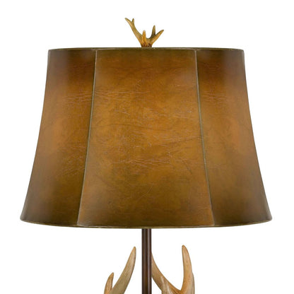 150 Watt Leatherette Shade Table Lamp with Antler Polyresin Base, Brown - View 2