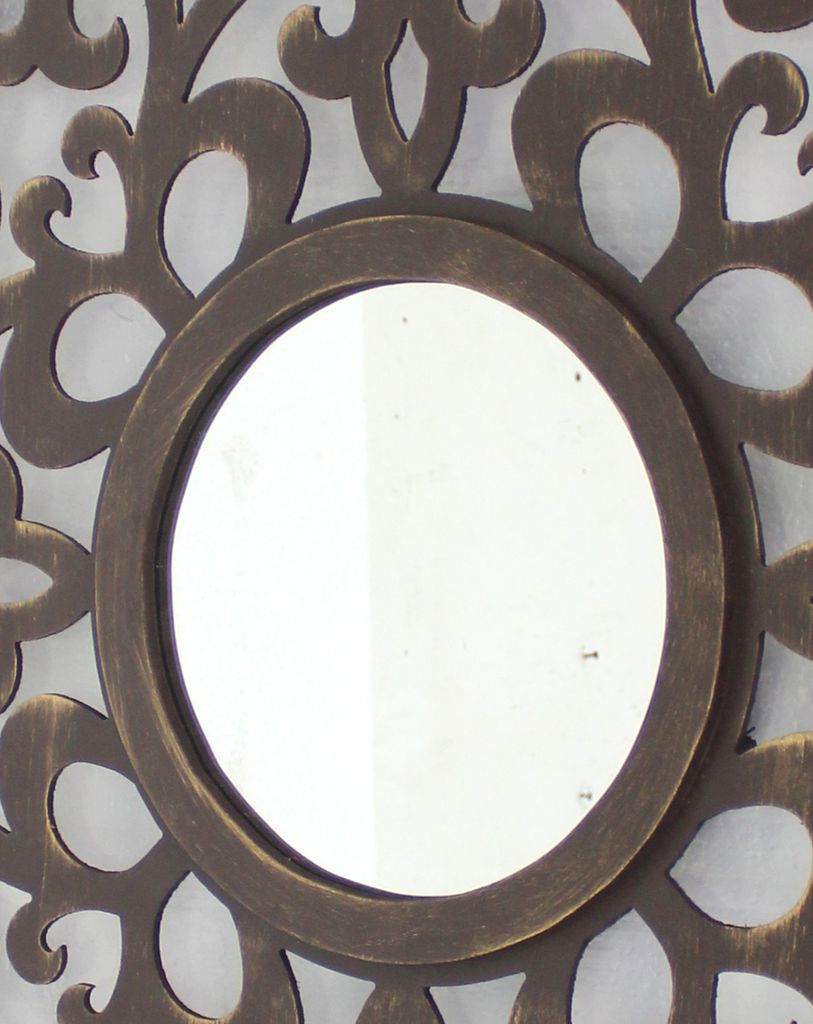 Set of 2 Wooden Frame Square Wall Mirror with Floral cut Out Design, Espresso - View 4