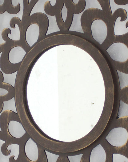 Set of 2 Wooden Frame Square Wall Mirror with Floral cut Out Design, Espresso - View 4