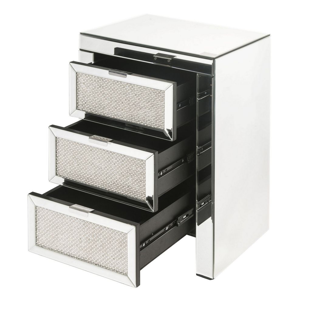 3 Drawer Beveled Mirrored Accent Table with Faux Diamond Inlay, Silver - View 3
