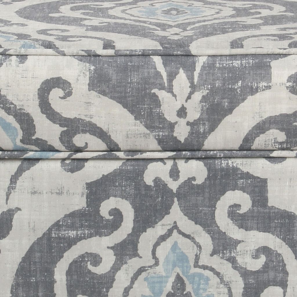 Wooden Ottoman with Patterned Fabric Upholstery and Hidden Storage, Gray and Blue - View 4