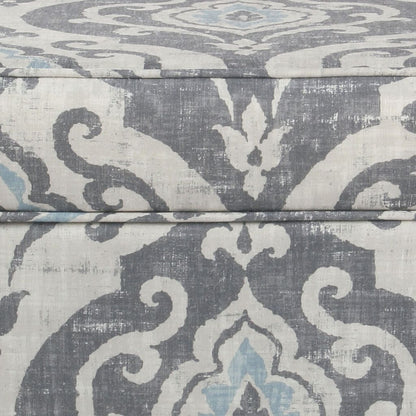 Wooden Ottoman with Patterned Fabric Upholstery and Hidden Storage, Gray and Blue - View 4