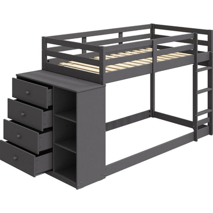 Classic Twin Bunk Bed with Cabinet, 4 Drawers, 3 Compartments, Ladder, Gray - View 3