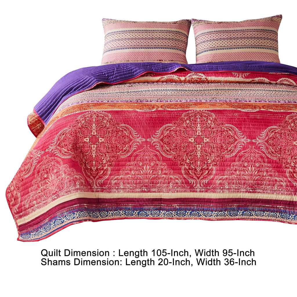 Dora 3 Piece Bohemian King Quilt Set, Medallion, Paisley, Pink, Blue - View 5