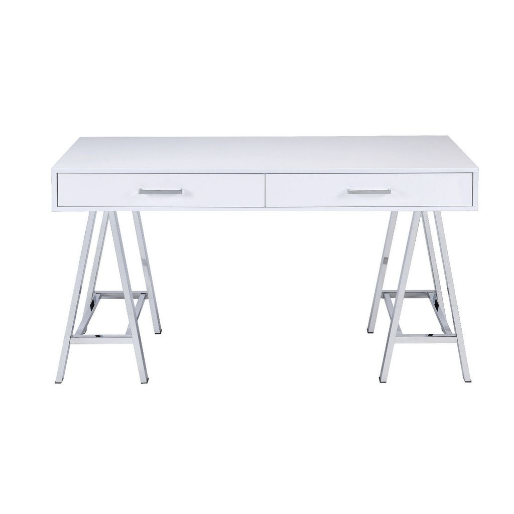 Writing Desk with MDF 2 Drawers and Metal Legs, White and Chrome - View 3