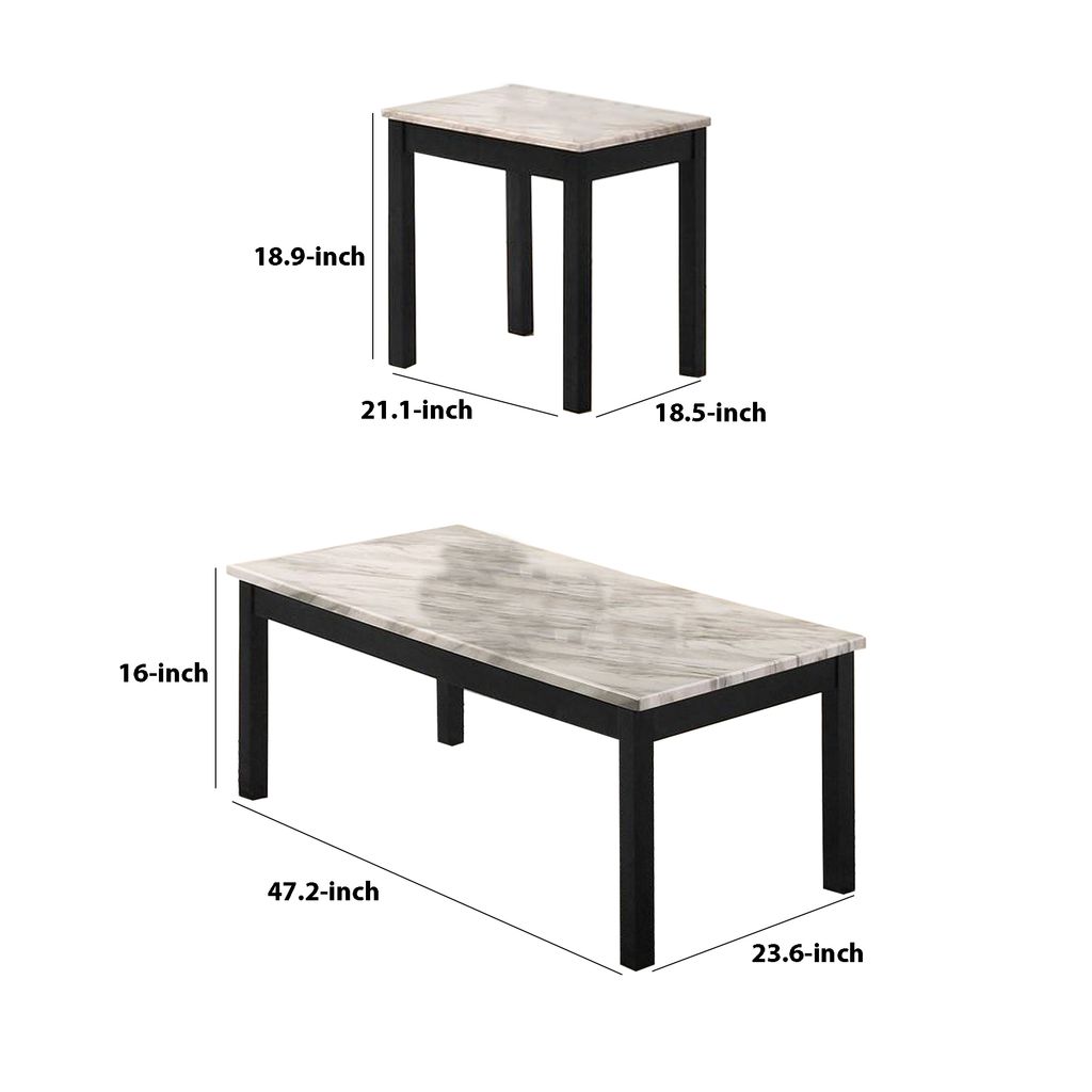 3 Piece Coffee Table and End Table with Faux Marble Top, Black and White - View 5