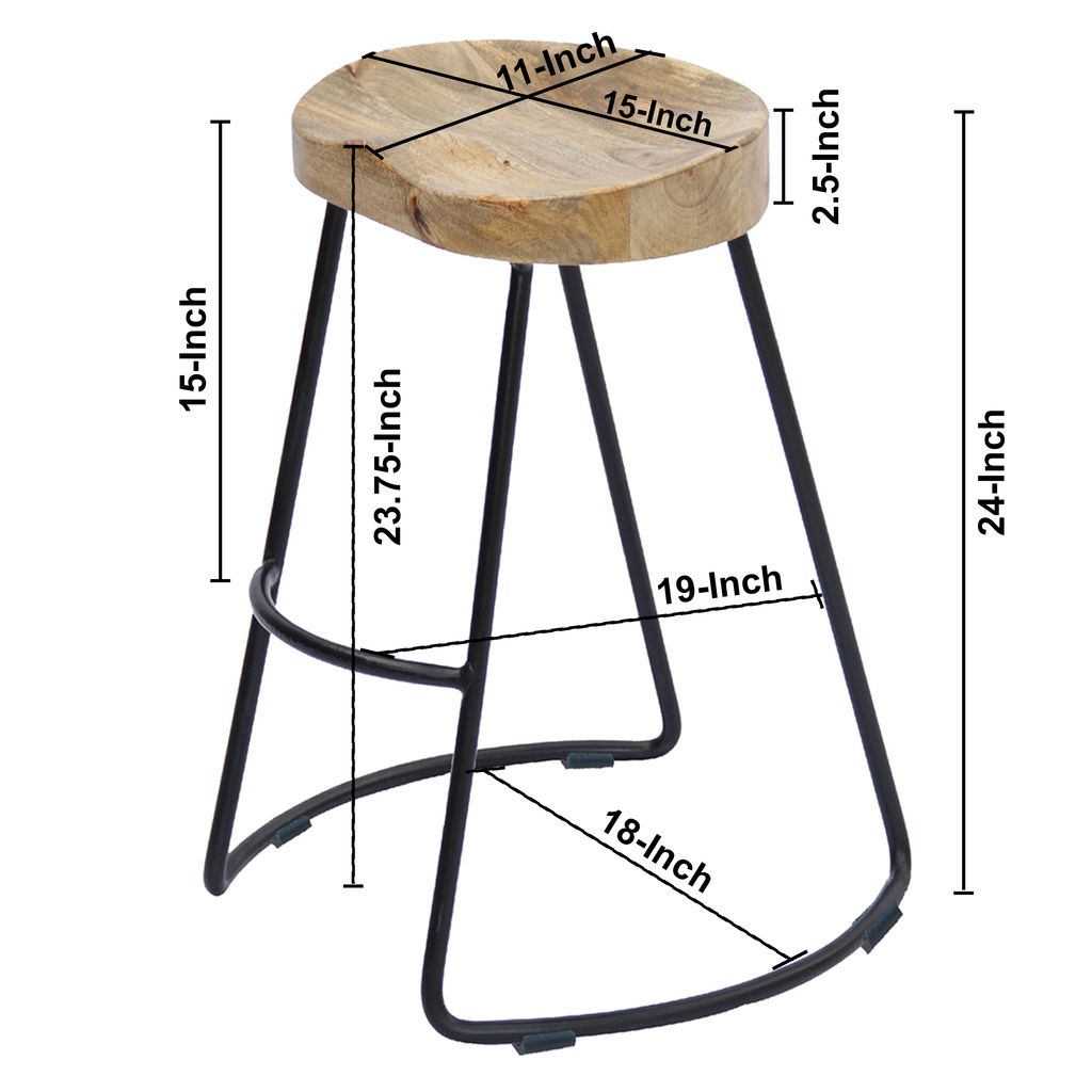 Ela 24 Inch Mango Wood Industrial Counter Height Stool, Saddle Seat, Iron, Set of 2, Brown, Black - View 5