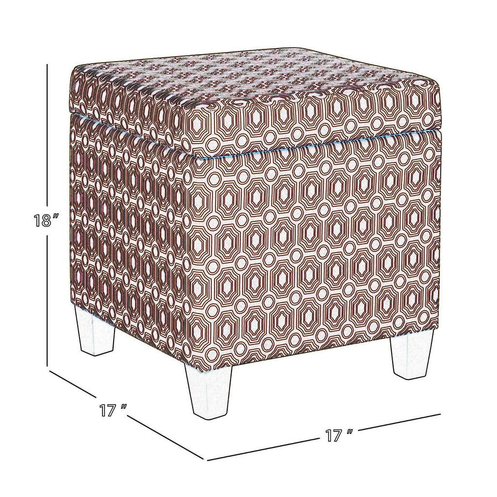 Geometric Patterned Square Wooden Ottoman with Lift Off Lid Storage, Orange and Cream - View 6