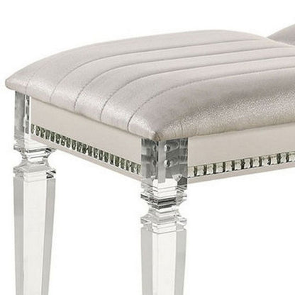 Tufted Leatherette Seater Wooden Bench with Mirror Accents, White - View 2