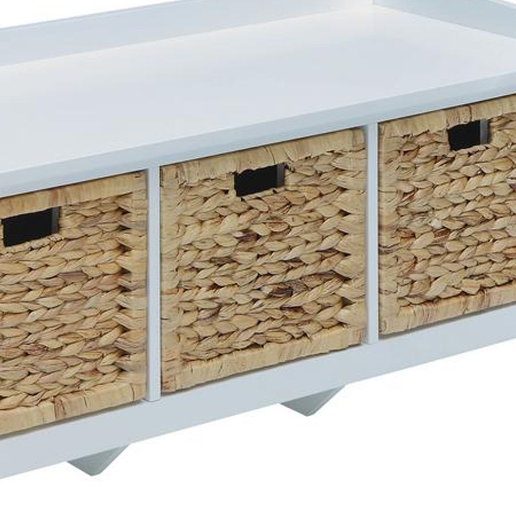 Rectangular Wooden Bench with Storage Basket, White - View 4