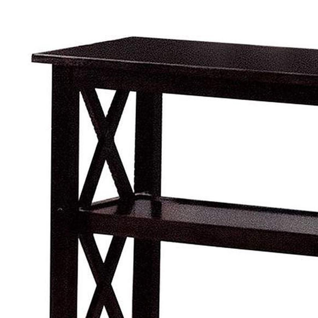Transitional Wooden Sofa Table With "X" Side Design & Two Shelves, Dark Brown - View 3