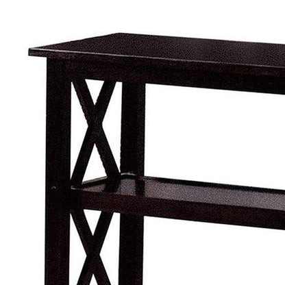 Transitional Wooden Sofa Table With "X" Side Design & Two Shelves, Dark Brown - View 3