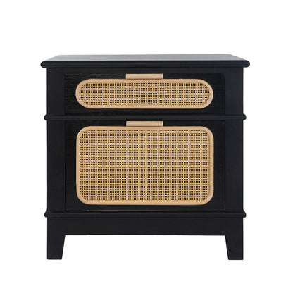 Dana 27 Inch Bedside Table, 2 Rattan Drawers, Pine Wood, Black, Brown - View 2