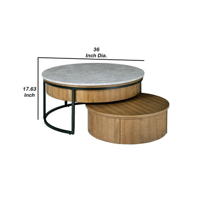 36 Inch 2 Piece Round Nesting Coffee Table, Lift Top Storage, Wheels, Brown - View 5