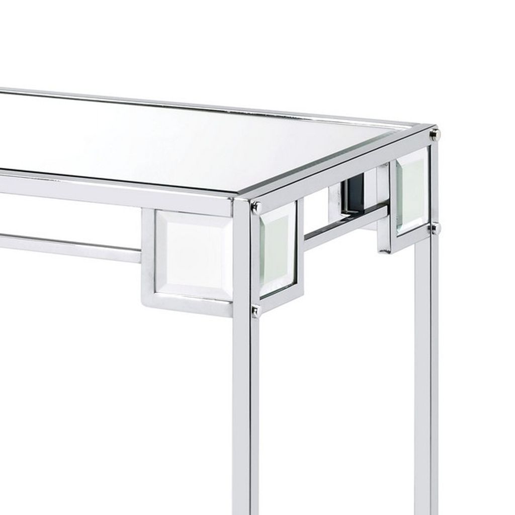Mirror Top Metal Console Table with Wooden Open Bottom Shelf, Silver - View 3