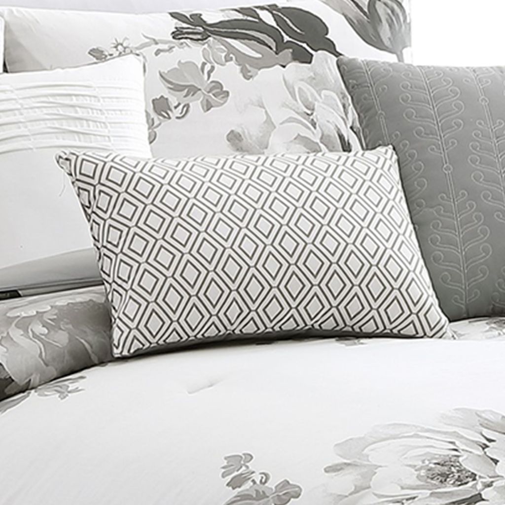 7 Piece Cotton King Comforter Set with Floral Print, Gray and White - View 2