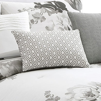 7 Piece Cotton King Comforter Set with Floral Print, Gray and White - View 2
