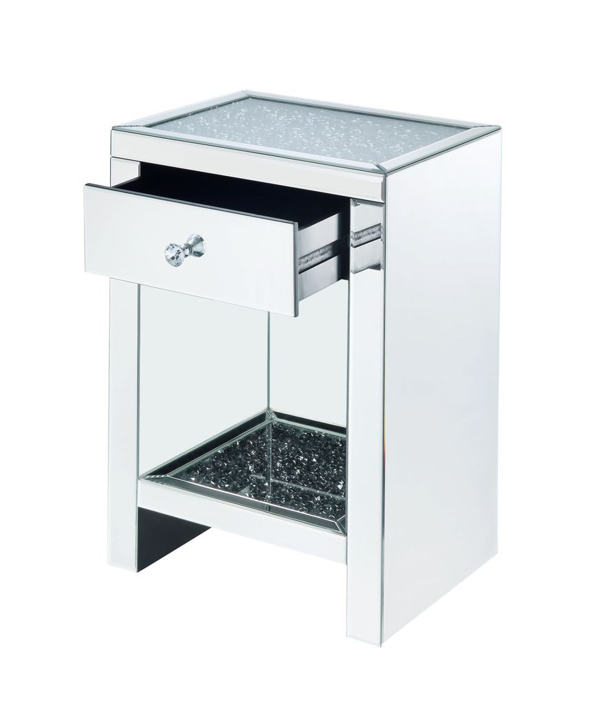 Mirrored Wooden Night Table with 1 Drawer and Bottom Shelf, Silver - View 2