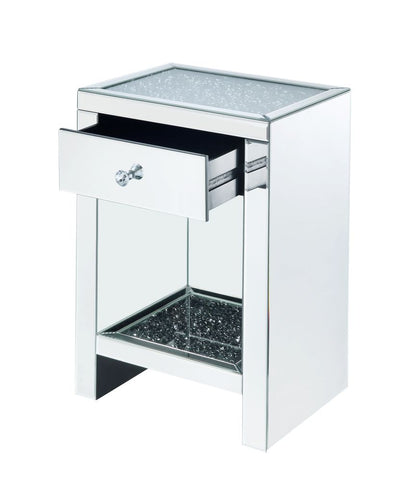 Mirrored Wooden Night Table with 1 Drawer and Bottom Shelf, Silver - View 2