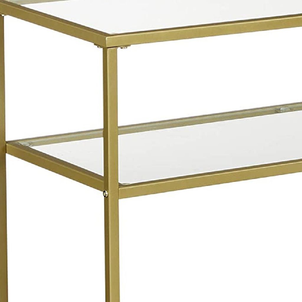 Kin 39 Inch Sofa Console Table, Metal Frame, Tempered Glass Shelves, Gold - View 3