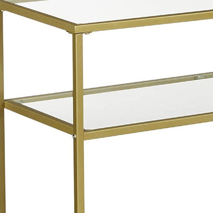 Kin 39 Inch Sofa Console Table, Metal Frame, Tempered Glass Shelves, Gold - View 3