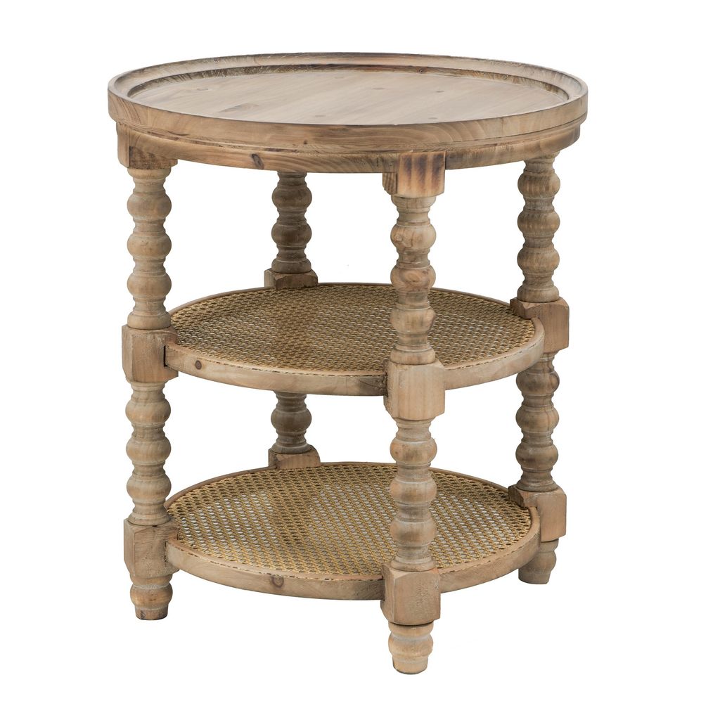 Jake 25 Inch 3 Tier Side Table, Fir Wood, 2 Woven Wicker Shelves – Brown