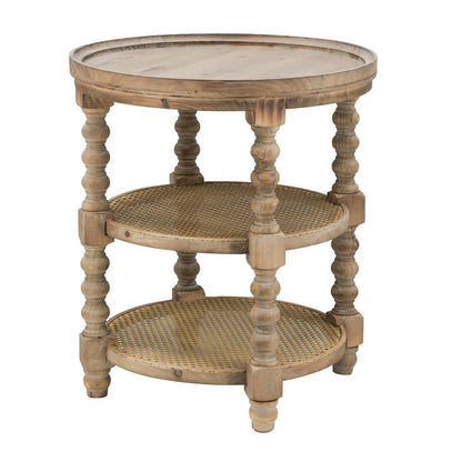 Jake 25 Inch 3 Tier Side Table, Fir Wood, 2 Woven Wicker Shelves – Brown