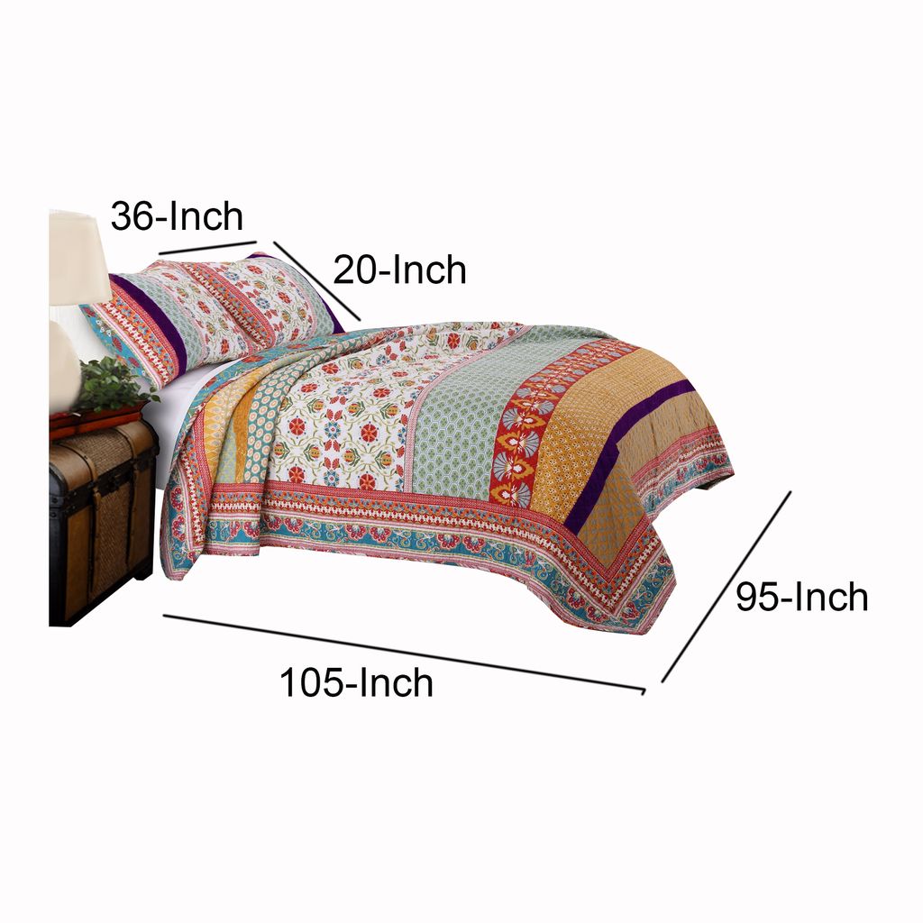 Geometric and Floral Print King Size Quilt Set with 2 Shams, Multicolor - View 5