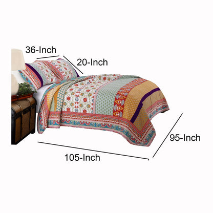 Geometric and Floral Print King Size Quilt Set with 2 Shams, Multicolor - View 5