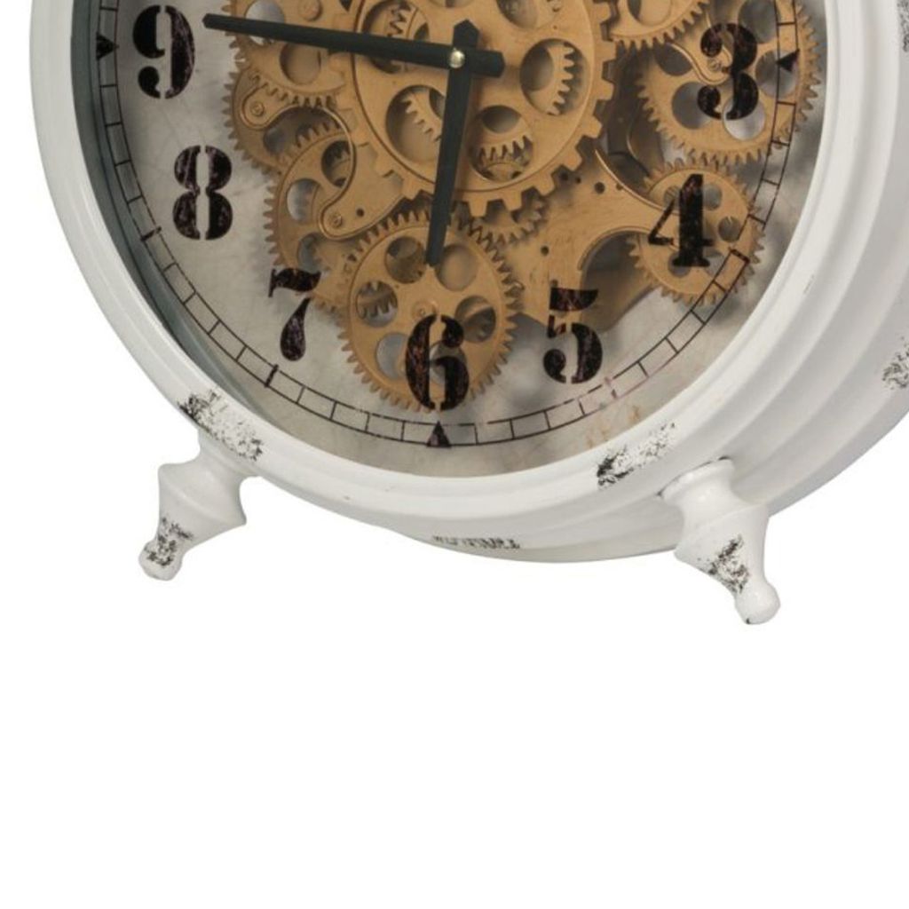 Classic Metal Table Clock with Gears Front and Distressed Details, White and Gold - View 4