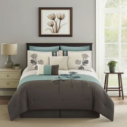 8 Piece Queen Polyester Comforter Set with Floral Embroidery, Multicolor - View 7