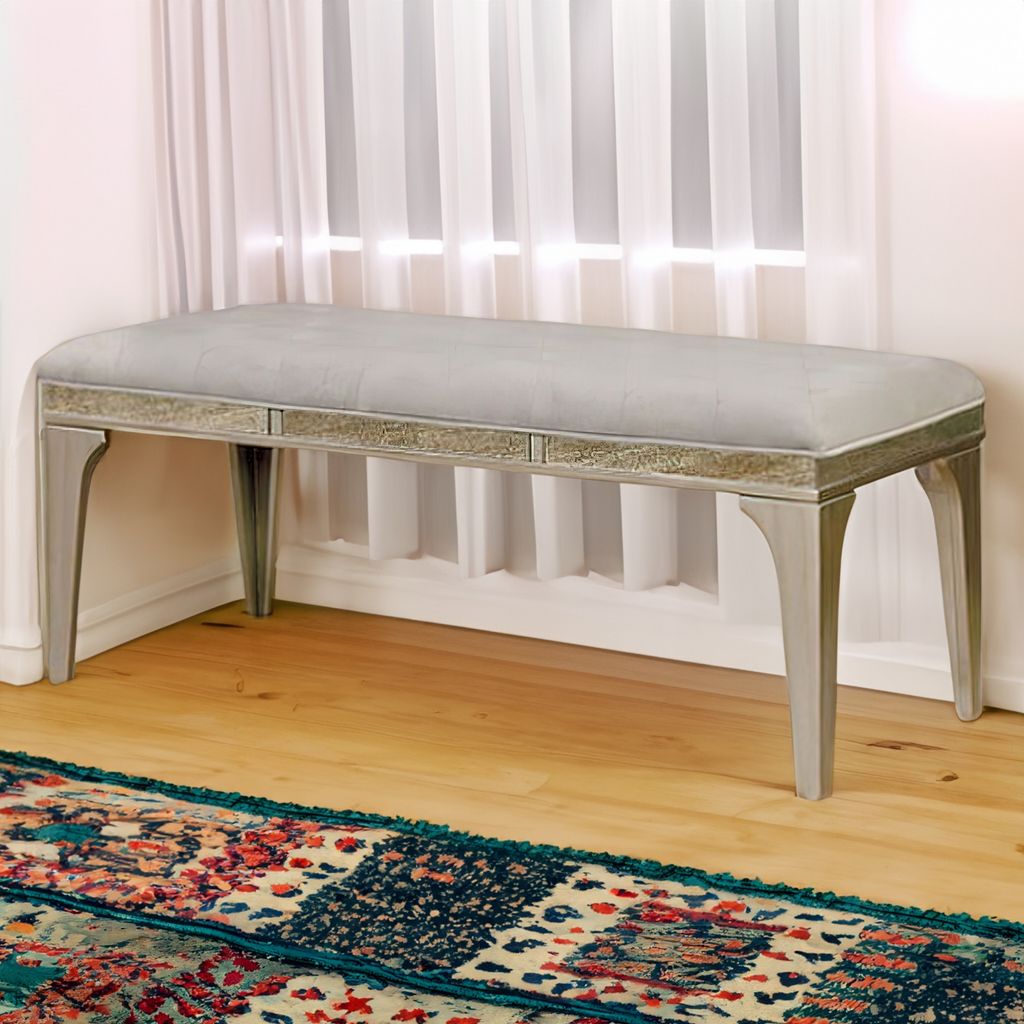 51 Inch Wood Bench, Cushioned Seat, Tapered Legs Support, Gray, Champagne Silver - View 7
