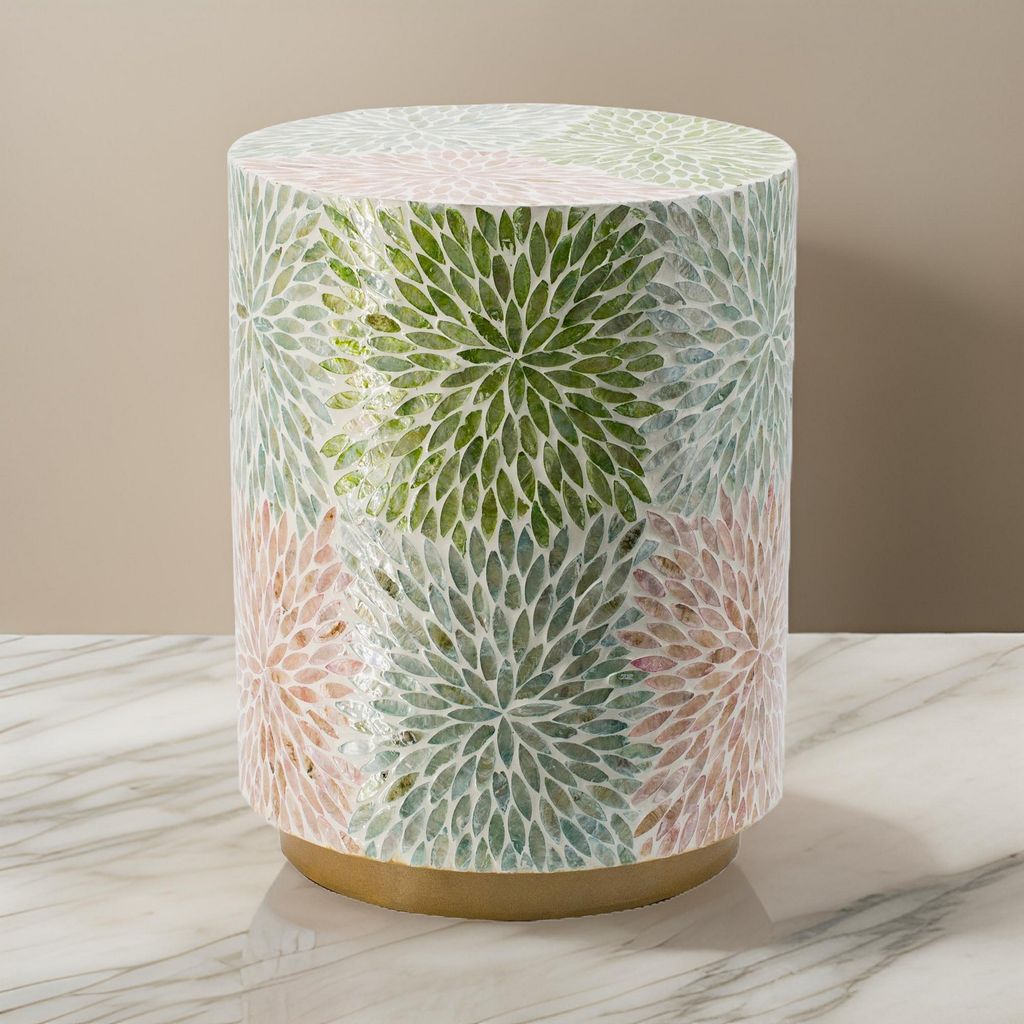 14 Inch Cylindrical Capiz Shell Accent Table Stool, Elegant Leaves Pattern - View 7