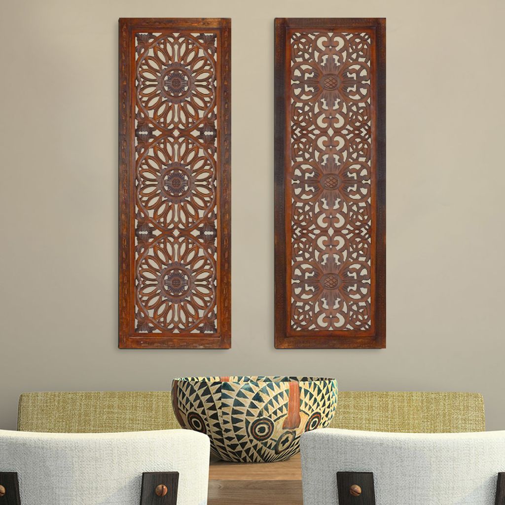 Set of 2 Hand Carved Mango Wood Wall Panels: Burnt Brown Medallion Design - View 6